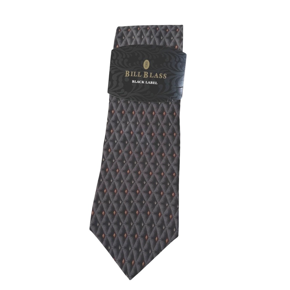 Bill Blass NWT Black Label Men Silk Tie Grey Silver Bronze Geometric Diamond USA